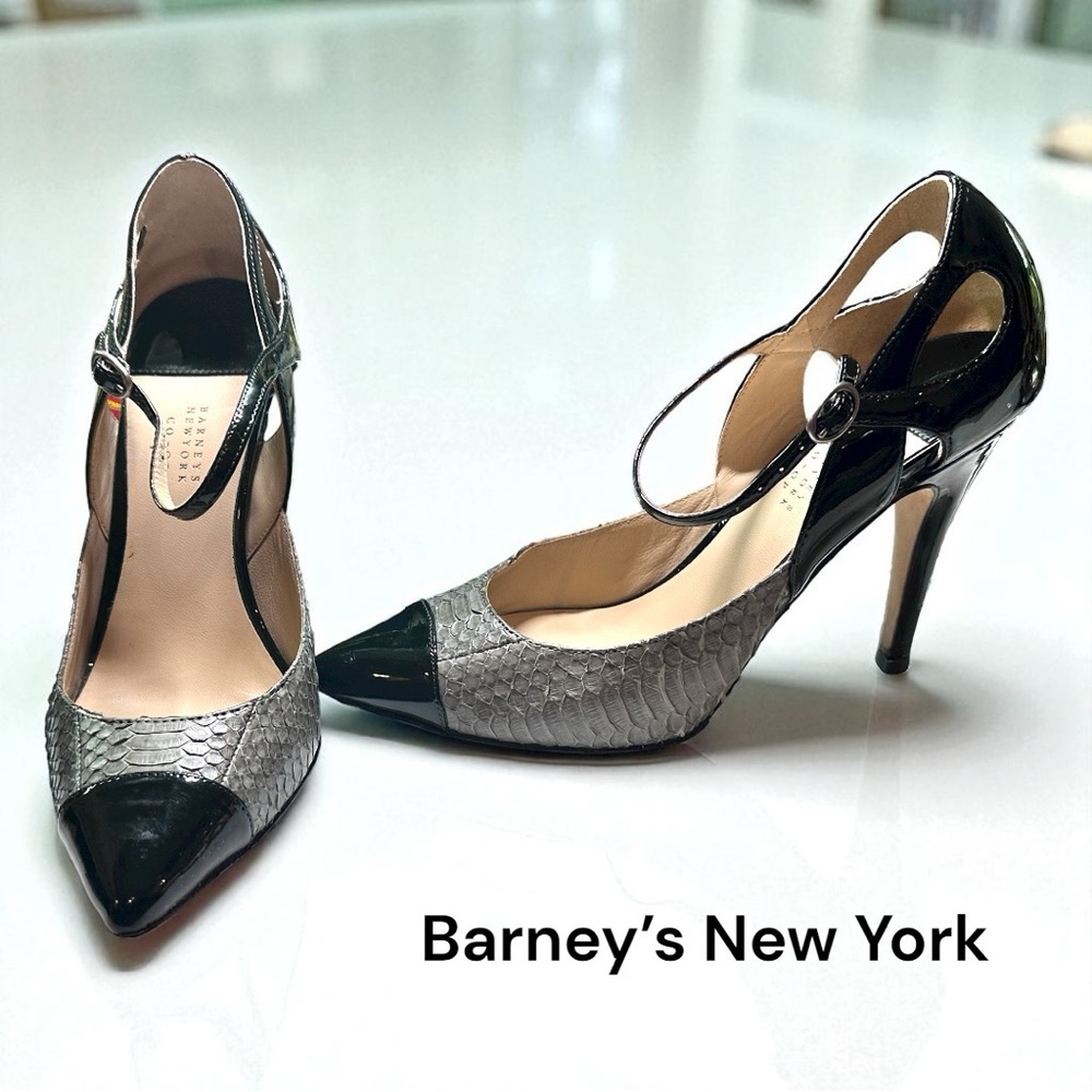 Barneys New York Co-op Patent Leather Snakeskin-Printed D'Orsay Pumps (Sz 7-EUC)